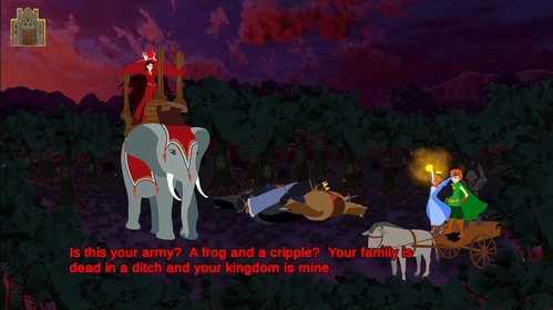 The witch on her elephant taunts Emma and Francis on their donkey cart, saying, "Is this your army?  A frog and a cripple?"